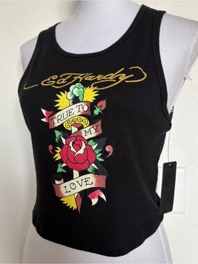 NWT Ed Hardy True Love Black Ribbed Crop Tank Top L